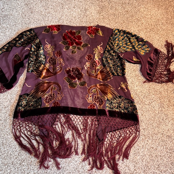 TAN Silk Blend Floral Peacock Fringe Kimono - O/S - Picture 2 of 7